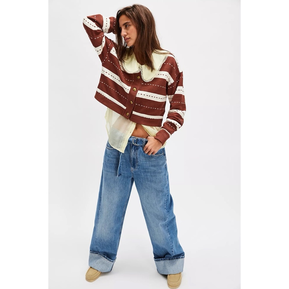 Free People Grace Stripe Cardigan Sweater Brown